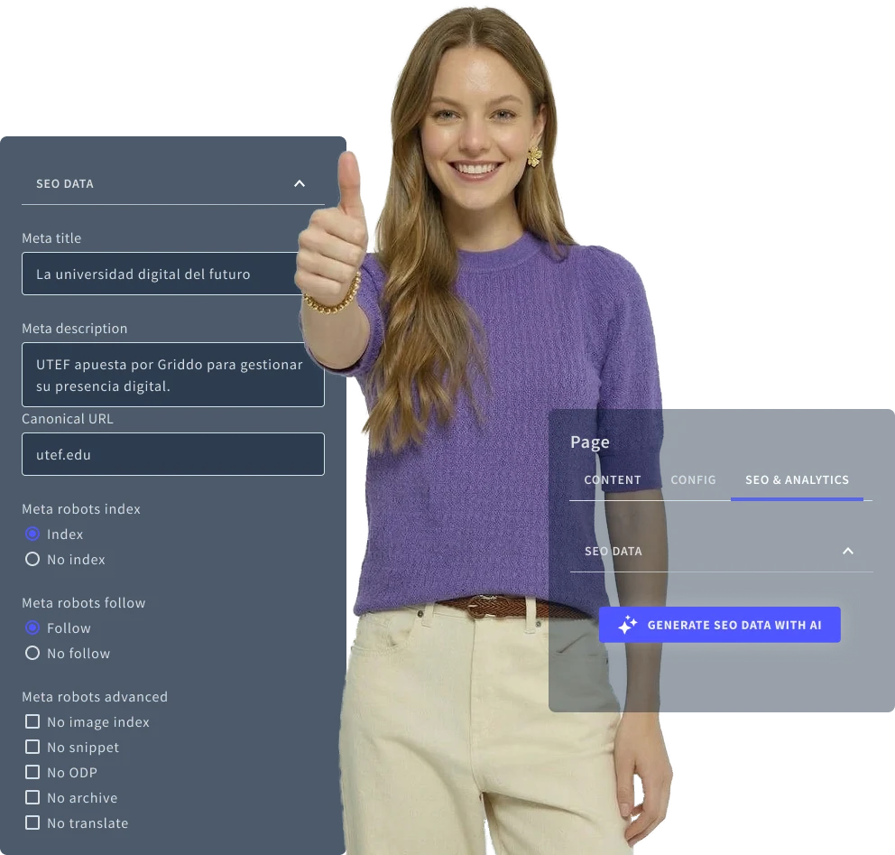 Panel SEO de Griddo con campos rellenados automáticamente por AI Booster
