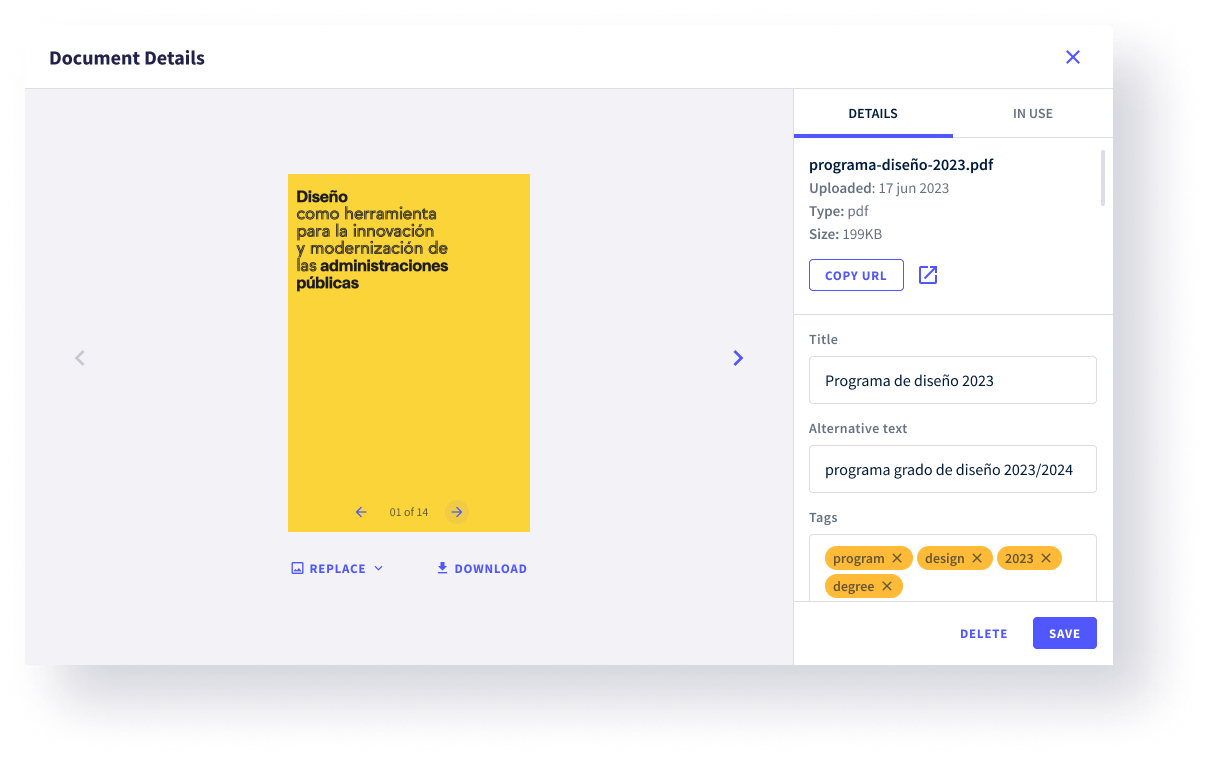 Panel de detalles con el botón Copy URL visible y ejemplo de URL generada