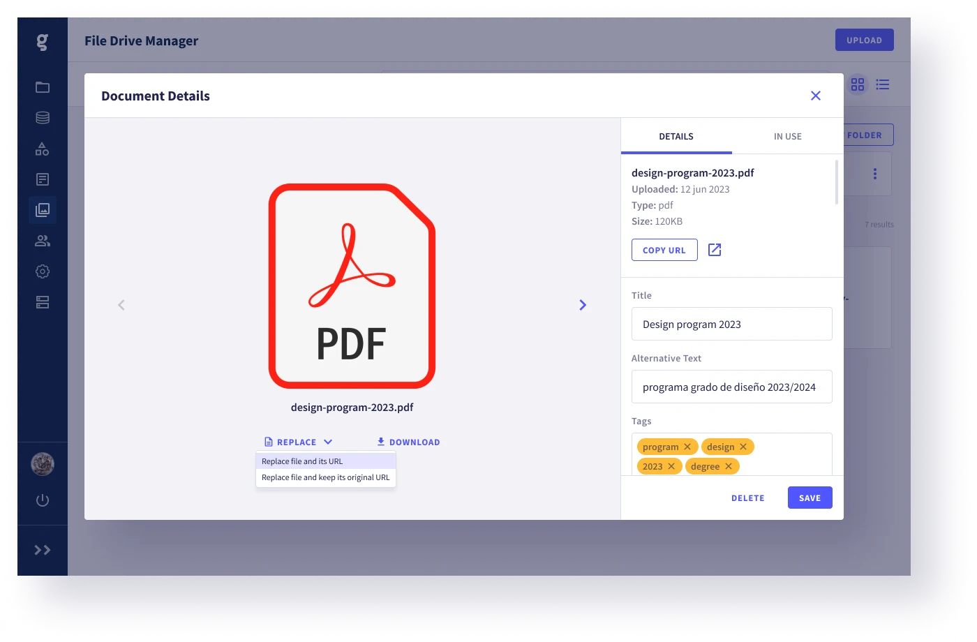 Modal de detalles con el botón Replace destacado y un indicador de páginas enlazadas