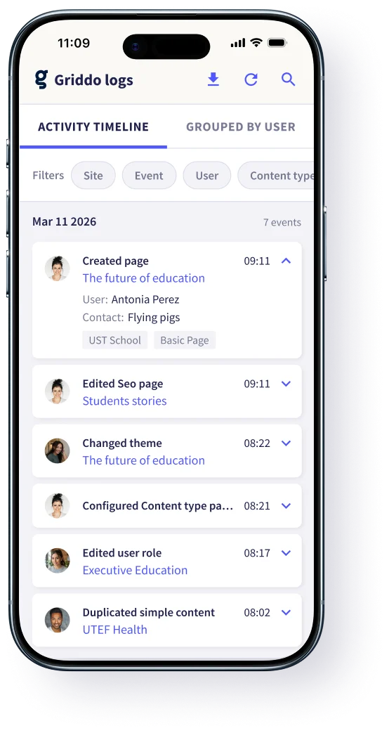 Griddo App Activity Log con feed de actividad en tiempo real