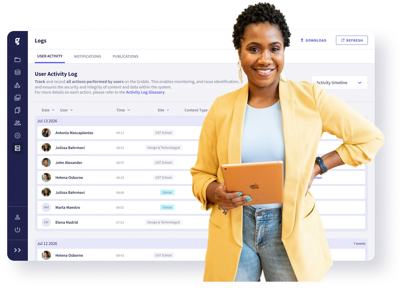 Activity log y gestion de datos de Griddo