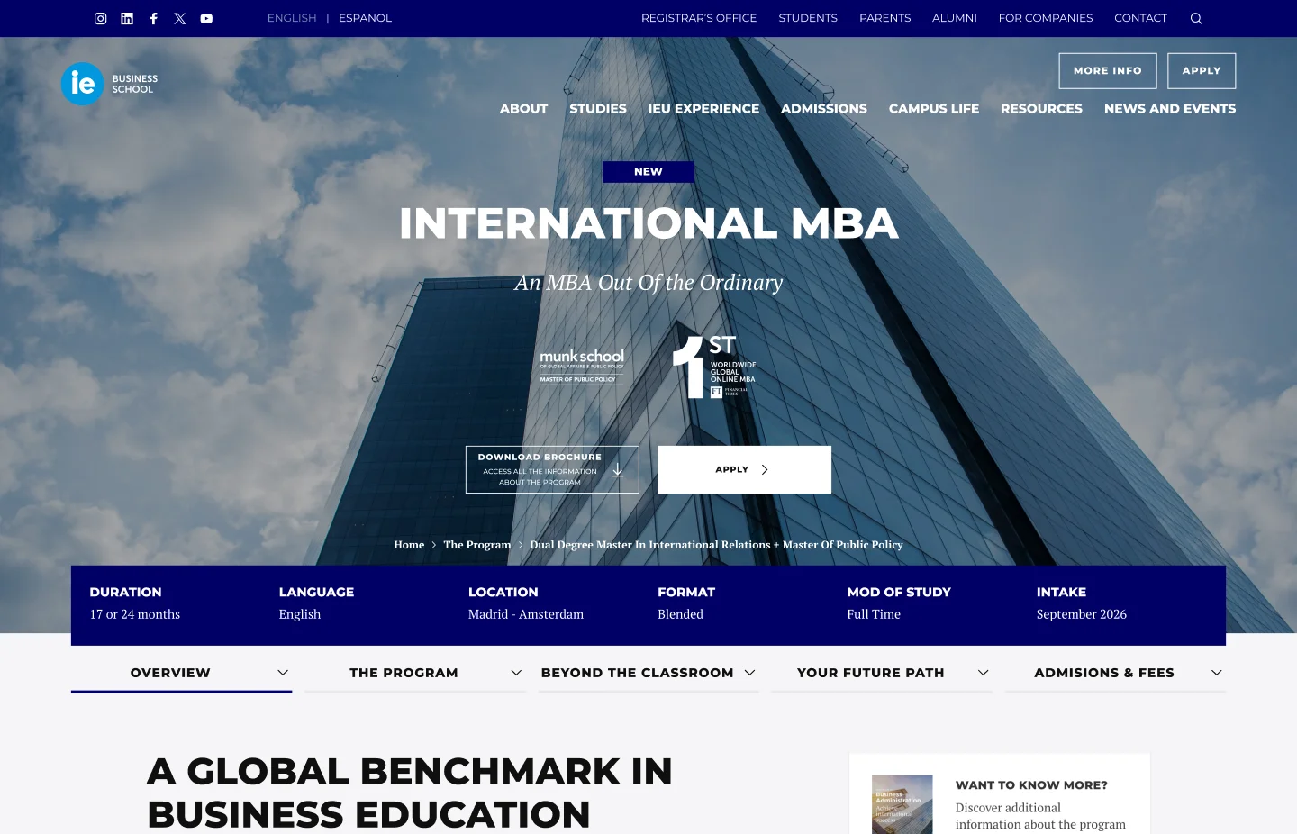 IE University website screenshot 1