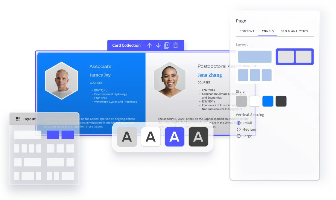 Panel de configuración de módulos de Griddo mostrando bloques de contenido flexibles