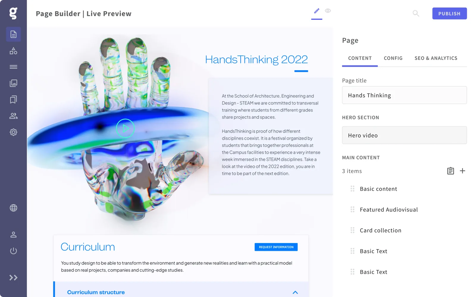 Interfaz del page builder de Griddo